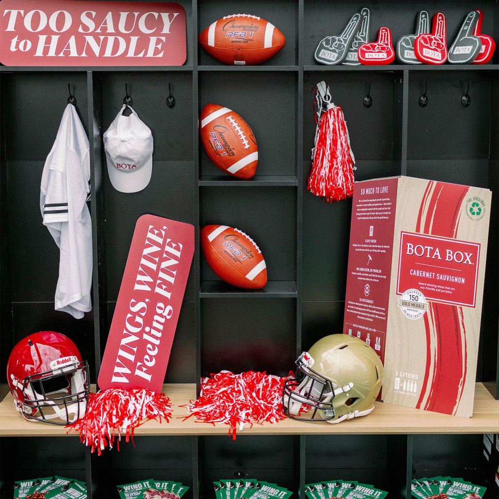A football and wine themed lockerroom display