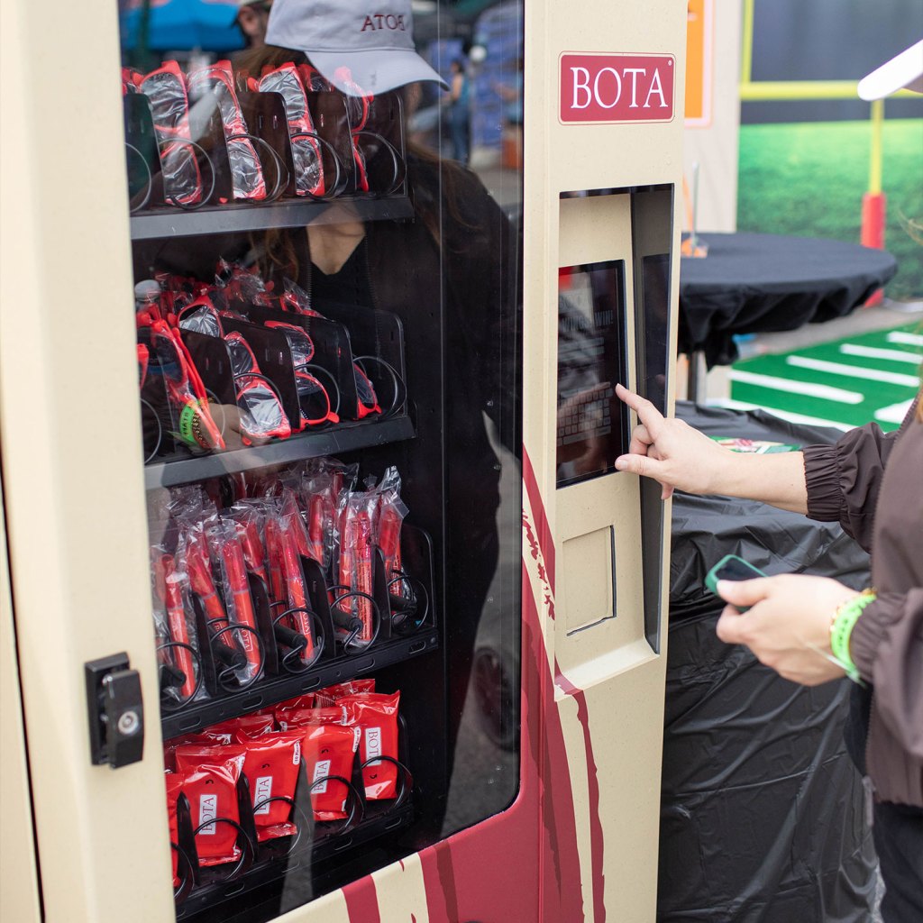 A photo of a Bota Box themed vending machine with ready-to-drink wine
